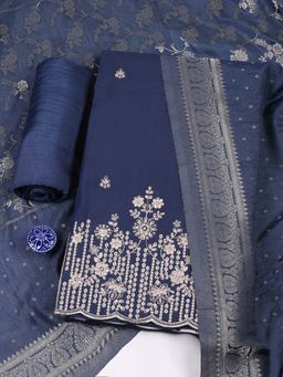 MEENA BAZAAR - Navy Blue Embroidered Unstitched Kurta with Unstitched Bottom and Dupatta