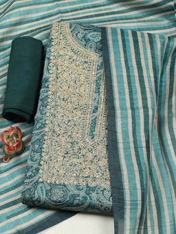 MEENA BAZAAR - Teal Embroidered Unstitched Kurta with Unstitched Bottom and Dupatta