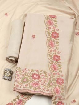 MEENA BAZAAR - Beige Floral Embroidered Unstitched Kurta with Unstitched Bottom and Dupatta