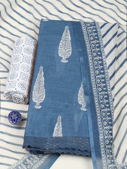 MEENA BAZAAR - Blue Printed Unstitched Kurta with Unstitched Bottom and Dupatta