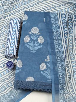 MEENA BAZAAR - Blue Floral Printed Unstitched Kurta with Unstitched Bottom and Dupatta