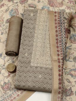 MEENA BAZAAR - Beige Embroidered Unstitched Kurta with Unstitched Bottom and Dupatta