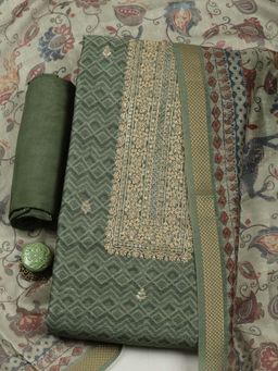 MEENA BAZAAR - Green Embroidered Unstitched Kurta with Unstitched Bottom and Dupatta