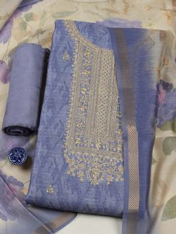 MEENA BAZAAR - Blue Embroidered Unstitched Kurta with Unstitched Bottom and Dupatta