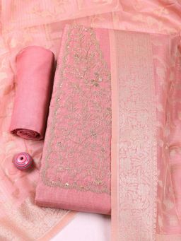MEENA BAZAAR - Pink Embroidered Unstitched Kurta with Unstitched Bottom and Dupatta