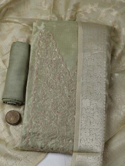 MEENA BAZAAR - Green Embroidered Unstitched Kurta with Unstitched Bottom and Dupatta