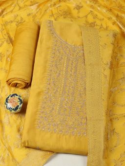 MEENA BAZAAR - Yellow Embroidered Unstitched Kurta with Unstitched Bottom and Woven Dupatta