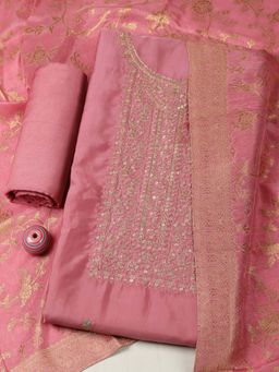 MEENA BAZAAR - Pink Embroidered Unstitched Kurta with Unstitched Bottom and Woven Dupatta
