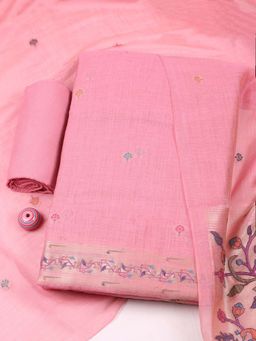 MEENA BAZAAR - Pink Floral Woven Unstitched Kurta with Unstitched Bottom and Dupatta