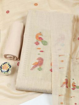 MEENA BAZAAR - Cream Woven Unstitched Kurta with Unstitched Bottom and Dupatta