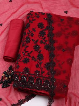 MEENA BAZAAR - Red Embroidered Unstitched Kurta with Unstitched Bottom and Dupatta
