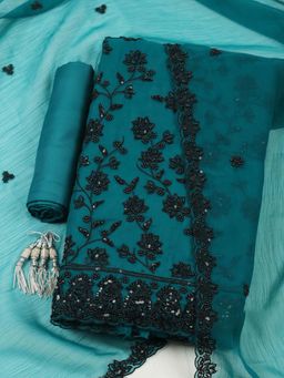MEENA BAZAAR - Teal Embroidered Unstitched Kurta with Unstitched Bottom and Dupatta
