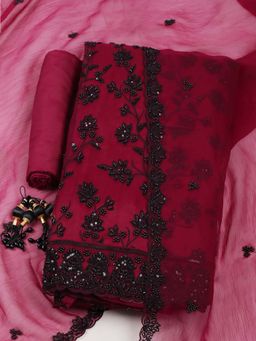 MEENA BAZAAR - Wine Embroidered Unstitched Kurta with Unstitched Bottom and Dupatta