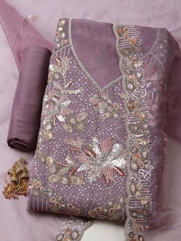 MEENA BAZAAR - Lavender Embroidered Unstitched Kurta with Unstitched Bottom and Dupatta