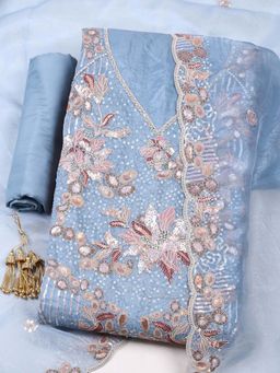 MEENA BAZAAR - Blue Embroidered Unstitched Kurta with Unstitched Bottom and Dupatta