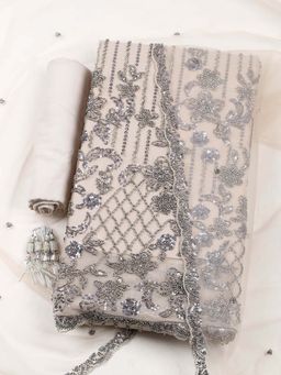 MEENA BAZAAR - Cream Sequined Unstitched Kurta with Unstitched Bottom and Dupatta