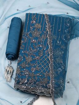 MEENA BAZAAR - Blue Sequined Unstitched Kurta with Unstitched Bottom and Dupatta