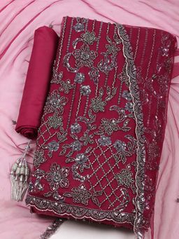 MEENA BAZAAR - Wine Sequined Unstitched Kurta with Unstitched Bottom and Dupatta