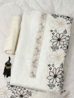 MEENA BAZAAR - Off White Floral Stone Work Unstitched Kurta with Unstitched Bottom and Dupatta