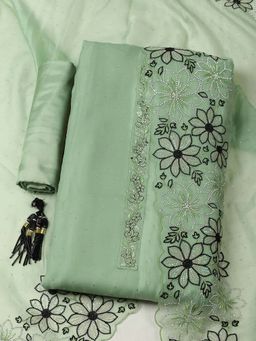 MEENA BAZAAR - Green Floral Stone Work Unstitched Kurta with Unstitched Bottom and Dupatta