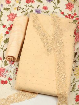 MEENA BAZAAR - Beige Floral-Stone Work Unstitched Kurta with Unstitched Bottom and Dupatta