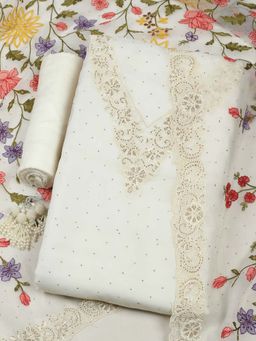 MEENA BAZAAR - Off White Floral-Stone Work Unstitched Kurta with Unstitched Bottom and Dupatta