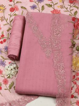 MEENA BAZAAR - Pink Floral-Stone Work Unstitched Kurta with Unstitched Bottom and Dupatta
