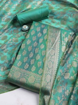 MEENA BAZAAR - Green Floral Woven Unstitched Kurta with Unstitched Bottom and Dupatta