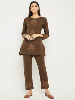 ZIGO - Women Brown Thread Work Embroidered Acrylic Co-Ord (Set of 2)