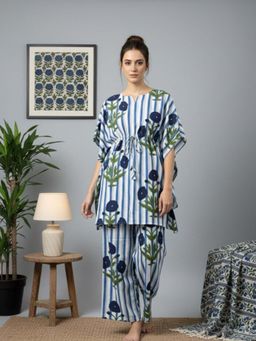 WineRed - Women Blue Floral Kaftan and Pyjama