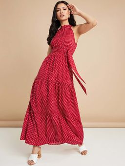 Styli - Maroon Sleeveless Halter Neck Polka Dot Tiered Maxi Dress With Tie Belt (Set of 2)