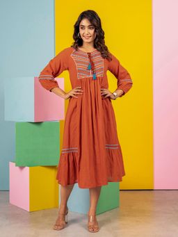 Autumnlane - Rust Jhalak Saffron Cotton Dress