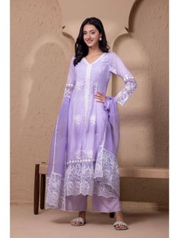 SEW - Lavender Floral Organza Embroidered Kurta with Palazzo and Dupatta (Set of 3)