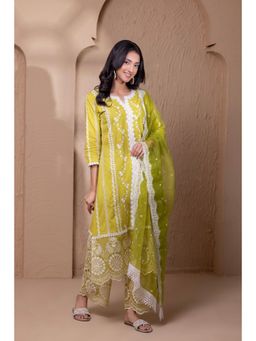 SEW - Lime Green Organza Embroidered Kurta with Palazzo and Dupatta (Set of 3)