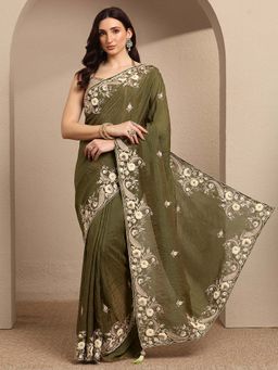 Libas - Green Floral Silk Blend Saree with Unstitched Blouse