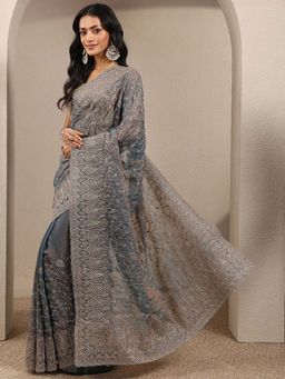 Libas - Blue Embroidered Silk Blend Saree with Unstitched Blouse