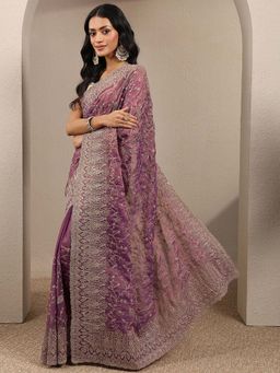 Libas - Purple Embroidered Silk Blend Saree with Unstitched Blouse