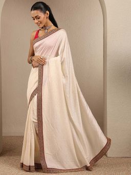 Libas - Off White Embellished Silk Blend Saree with Unstitched Blouse