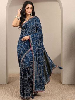 Libas - Navy Blue Printed Silk Blend Saree with Unstitched Blouse