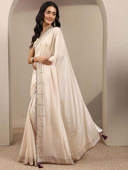 Libas - Cream Embellished Silk Blend Saree with Unstitched Blouse