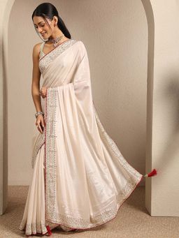 Libas - Cream Embellished Silk Blend Saree with Unstitched Blouse
