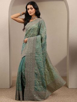 Libas - Green Embroidered Organza Saree with Unstitched Blouse