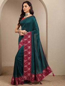 Libas - Green Embellished Silk Blend Saree with Unstitched Blouse