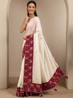 Libas - Off White Embellished Silk Blend Saree with Unstitched Blouse