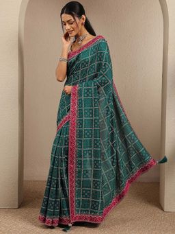 Libas - Blue Printed Silk Blend Saree with Unstitched Blouse