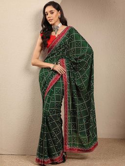 Libas - Green Printed Silk Blend Saree with Unstitched Blouse
