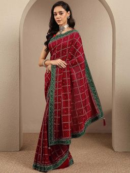 Libas - Red Printed Silk Blend Saree with Unstitched Blouse