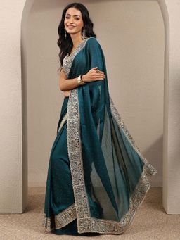 Libas - Blue Embellished Silk Blend Saree with Unstitched Blouse