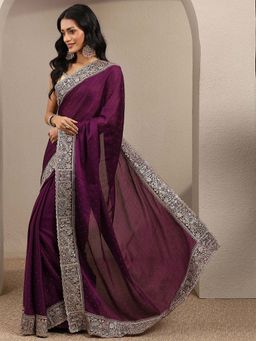 Libas - Burgundy Embellished Silk Blend Saree with Unstitched Blouse