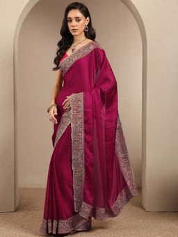 Libas - Pink Embellished Silk Blend Saree with Unstitched Blouse